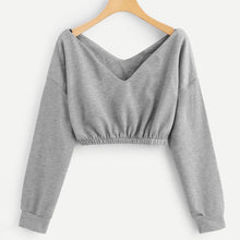 Load image into Gallery viewer, Feitong Fashion Women Cropped Sweatshirt Solid Deep V-Neck Long Sleeve Collect Waist Crop Sweatshirt Top camisa de entrenamiento